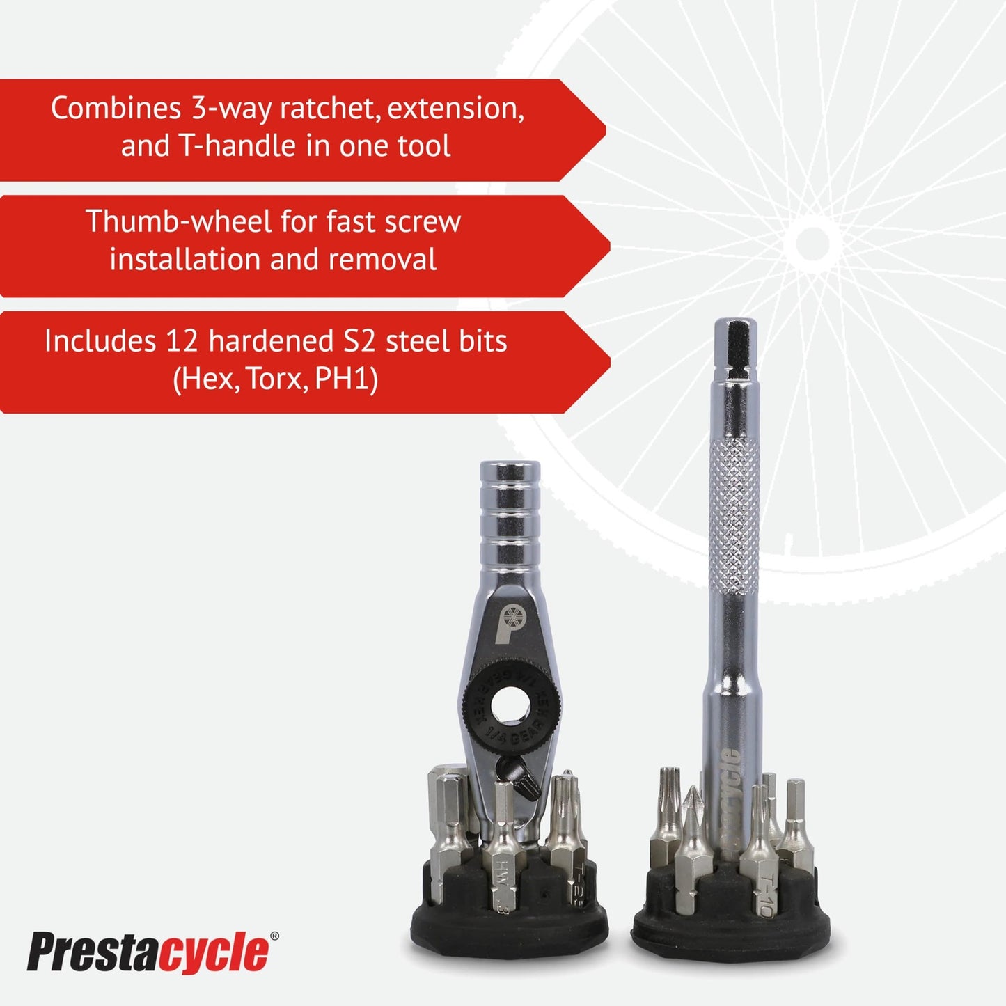 Prestacycle T-Ratchet Pro Tool Set – Compact 3-Way Ratchet Wrench with Extension2