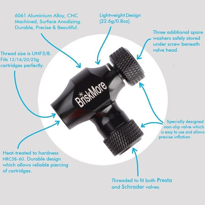 BriskMore Black CO2 Inflator Presta and Schrader Valve Compatible Bicycle Tire2