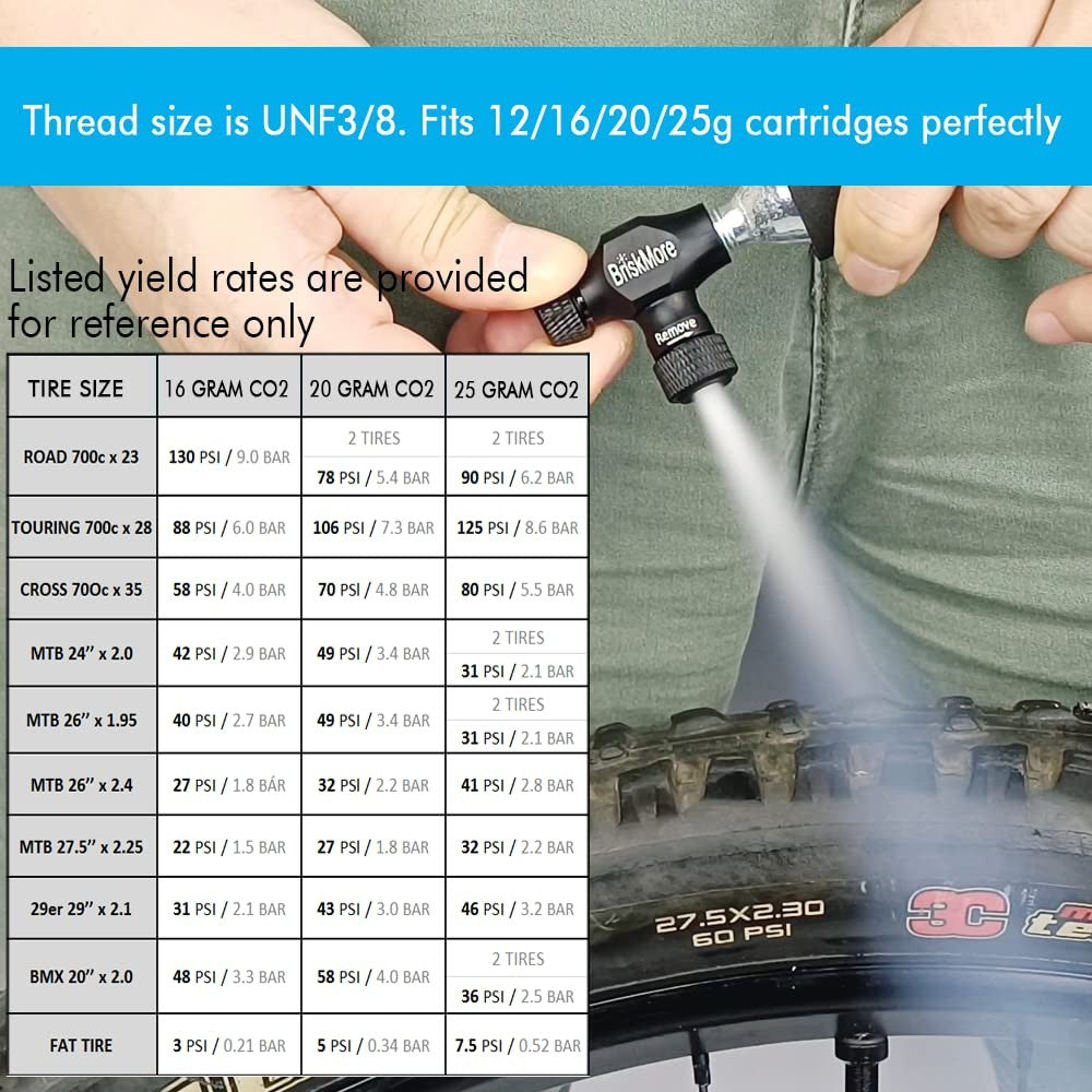 BriskMore Black CO2 Inflator Presta and Schrader Valve Compatible Bicycle Tire3